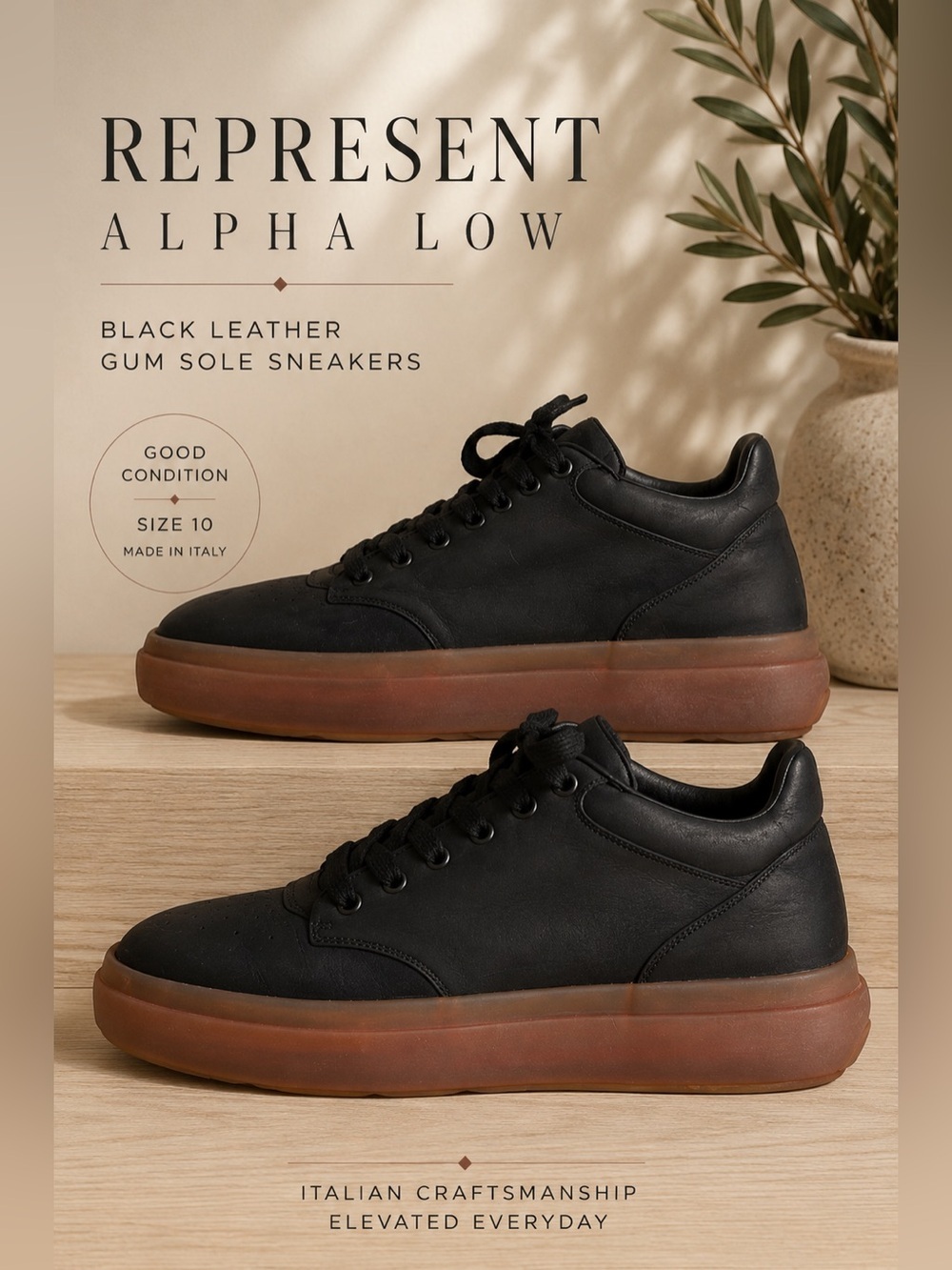 Represent Alpha Low Black Leather Gum Sole Sneakers Size 10 Made in Italy